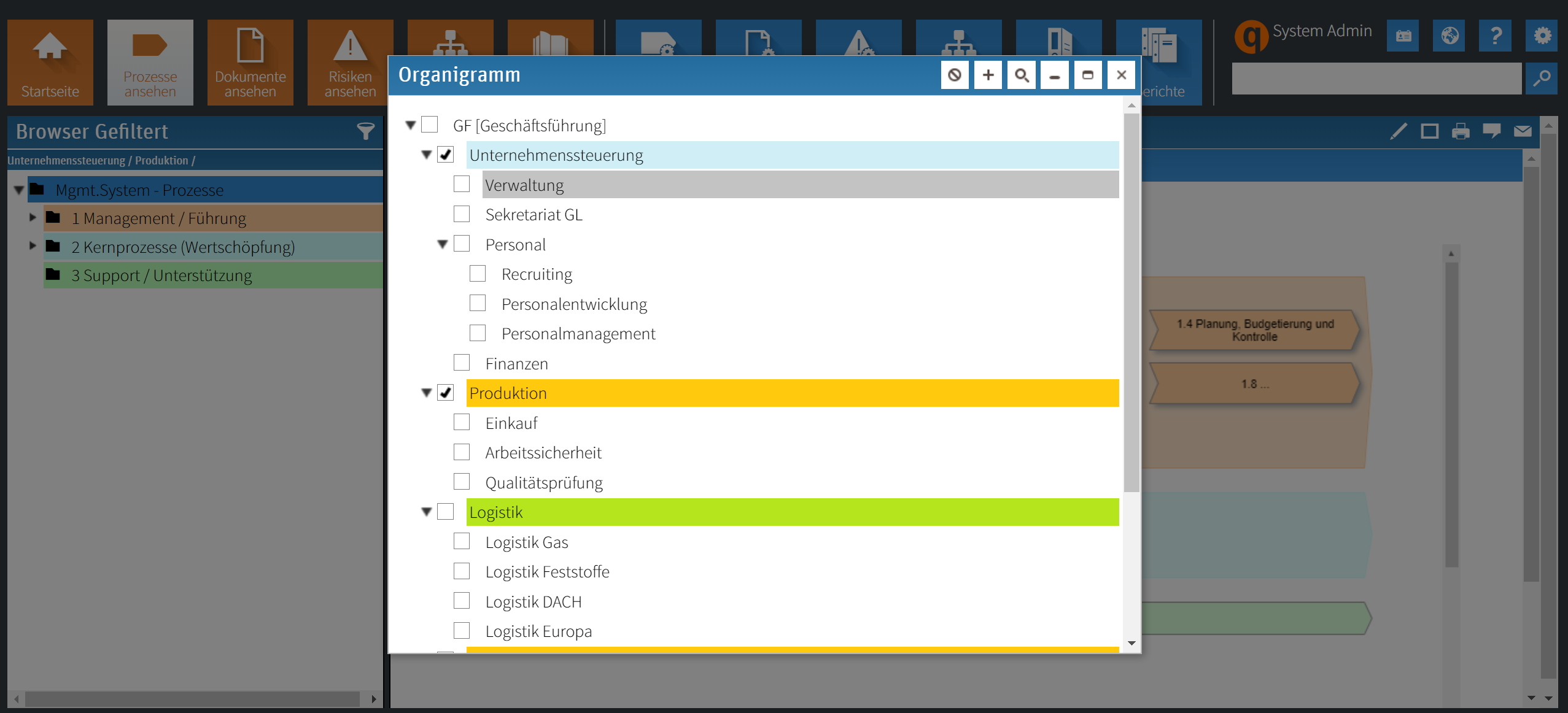 Screenshot of the Organizational Management view filtered